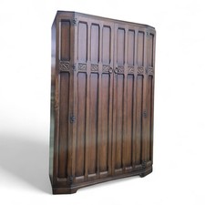 Antique vintage double wardrobe - carved panelled oak fitted interior wardrobe
