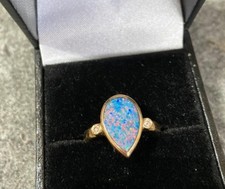Solid 9ct Gold & Natural Aus Black Opal And Diamond Ring Size UK O Hallmarked