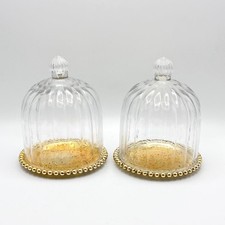 Pair of Delicate Ribbed Glass Cloches Bell Jars with Beaded Gold Bases Display