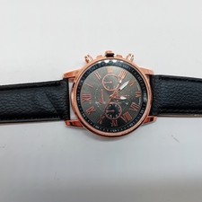 Geneva Men's Quartz Wristwatch Roman Numerals Black Strap Rose Tone Pre-Loved