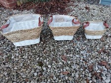 Set Of 3 Square Brown & White Willow/Seagrass Plant Holders Or Storage Baskets 