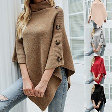 Women Knitted Poncho Shawl Turtle Roll Neck Sweater Winter Cape Wrap Jumper Tops