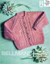 ~Bellman's Baby Knitting Pattern For Round Neck Cable Panel Cardigan ~ 18" ~ 26"