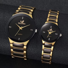 2PCS Couple's Watches Set Men's & Women's Gold Black Stainless Steel Quartz