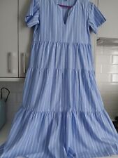 "STRADIVARIUS" BLUE STRIPE COTTON TIERED SHORT SLEEVE MIDI DRESS SIZE SMALL/(12)