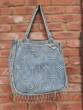 Pearl Crystal Denim Bag With Butterfly Charm