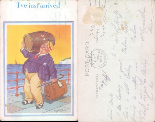 Man with barrel and - , suitcase