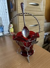 Cranberry Glass & Chrome Sugar ~ Jam Bowl ~ Pot with spoon  VINTAGE