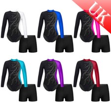 UK Girls Gymnastics Leotard Unitard with Shorts Outfits Ballet Dance Bodysuit