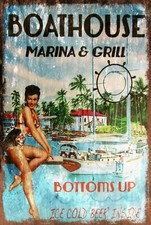 Boathouse Marina Restaurant Advert Vintage Look Retro Style Metal Sign boat lake