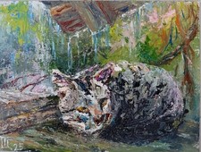 Painting  "Cat hiding from the rain". Oil on cardboard. 5x7 inc. Handmade. 2025.