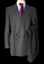Harrods By Durban Grey Flannel Double Breasted Suit 47L / W44x30” 