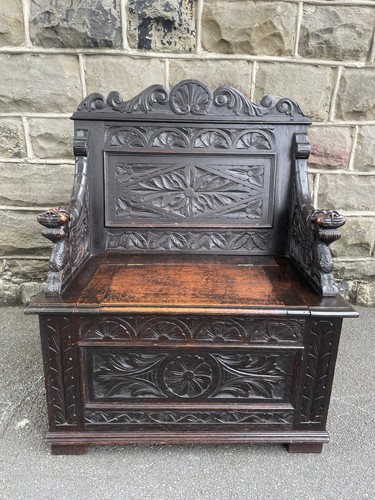 Oak carved hall seat - hall,