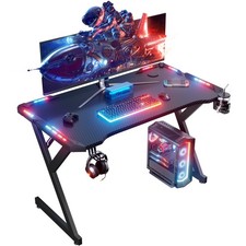 Gaming Desk with LED Lights, Computer Desk with Headphone Hook & Cup Holder