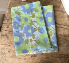 Vintage 1970s Dorma Green Blue Floral Flower Cotton Pillowcase Retro Home 