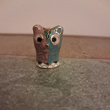 Vintage Cloisonne Thimble CAT or BEAR Blue Enamel Copper accents