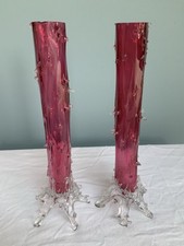 Victorian Bohemian Cranberry Pair Of  Thorn Glass Bud Vases (Loetz style) 