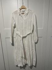Zara Oyster White Embroided Dress Belted Midi Shirt Dress Size S