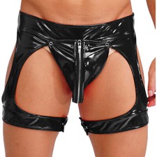 UK Mens Leather Removable Bulge Pouch Thong with Leg Bands Underwear Clubwear