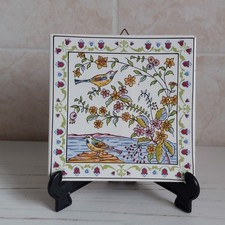 Vintage Birds Flowers Wall Tile Ceramic Trivet  Cork Back Wall Decor Farmhouse