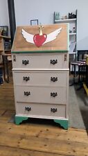 Hand Painted Writing Bureau Desk, Winged Tattoo style heart hand painted