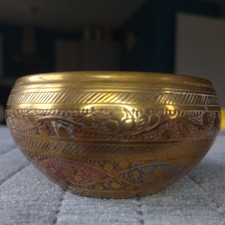 Vintage Indian  Enamelled & Engraved Brass  Bowl 3"           