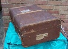 Vintage large wooden banded travel trunk patina railway stickers film/TV prop