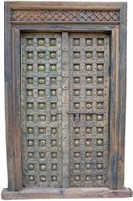 Antique Early 1900s Hand Carved Shekhawati Teak Wood Door with Brass Studs