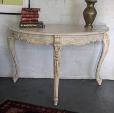 Antique Cream Demi Lune Console Table | Carved Rococo Hall Table with Distresse