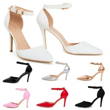 Womens ladies Ankle Strap High Stiletto Heel Sandals Pointy Toe Court Shoes 3-8