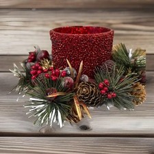 Vintage Christmas Candle Ring Centerpiece Flocked Greens Red Berry Gold Glass