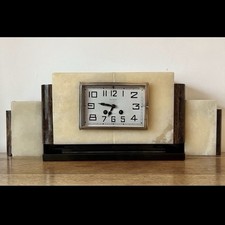 Vintage French Art Deco Mantel Clock - 3 Piece Onyx Set - Mel Coet Renne France