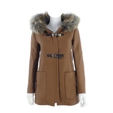 Zara Duffel Coat Hooded Faux Fur Trim Overcoat Brown Wool Blend size M