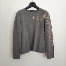 Tulchan Jumper Size L Grey Floral Embroidered Fine Knit Wool Blend