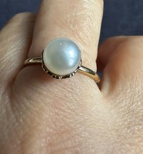 Crown 925 Gold On Sterling Silver Solitaire Pearl Ring -UK Size M