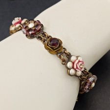 Michal Negrin Bracelet Carved Roses White Pearls Beads Crystals Earth Shades VTG