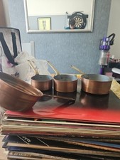 French Vintage Copper Pan Set of 4 Brass and Copper