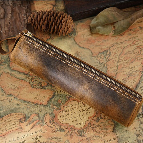 Brown pen case zipper leather - pen,