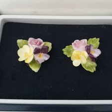 VINTAGE BOXED COALPORT PANSY ROSE FLOWER FINE BONE CHINA CLIP-ON EARRINGS