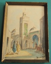 Original Arabic Watercolour Mosque Street Scene People Indistinctly Signed F&G