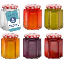 HEFTMAN Hexagonal Jam Jars 250ml Glass Red Gingham Lid Preserve Pots 6 Pack