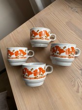 Vintage Kiln Craft Coffee Cups Orange Retro Floral 1970s Patterned Mugs