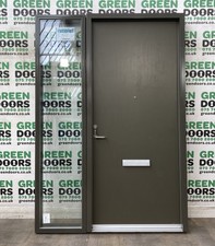 FRONT DOOR WITH SIDELIGHT TIMBER EXTERNAL GREY RAL 7013 NEW VELFAC WOODEN BROWN