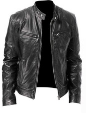 Men Vintage Cafe Racer Brown Black Leather Casual Slim Fit Real Biker Jackets