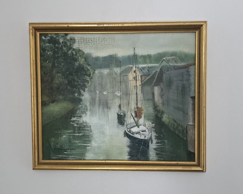 Vintage oil painting boats - oil,