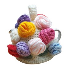 Hand Knitted Cream Tea Cosy With Multicoloured Flowers For A  Medium Size Teapot