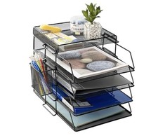 5 Tier Stackable Letter Tray for Paper Letter Accessories with Pen Holder（Black）