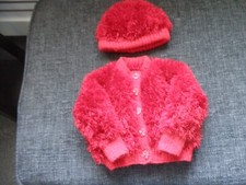 Childs Funky Fur Yarn Cardigan and Matching Hat in Red to fit 0-6 months