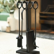4 Piece Black Looped Handle Companion Set Fireplace Poker Brush Tong Tools