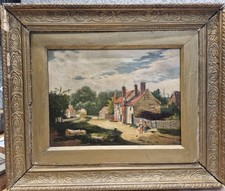 ANTIQUE 19TH CENTURY ENGLISH OIL PAINTING- VILLAGE SCENE- ORIGINAL GILT FRAME